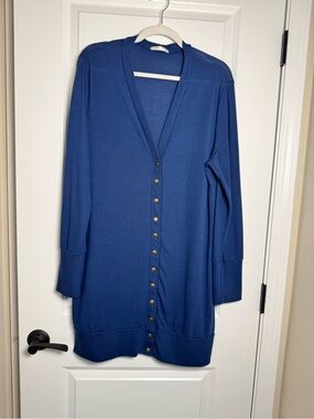 Long Blue V-Neck Button-Front Women's Cardigan